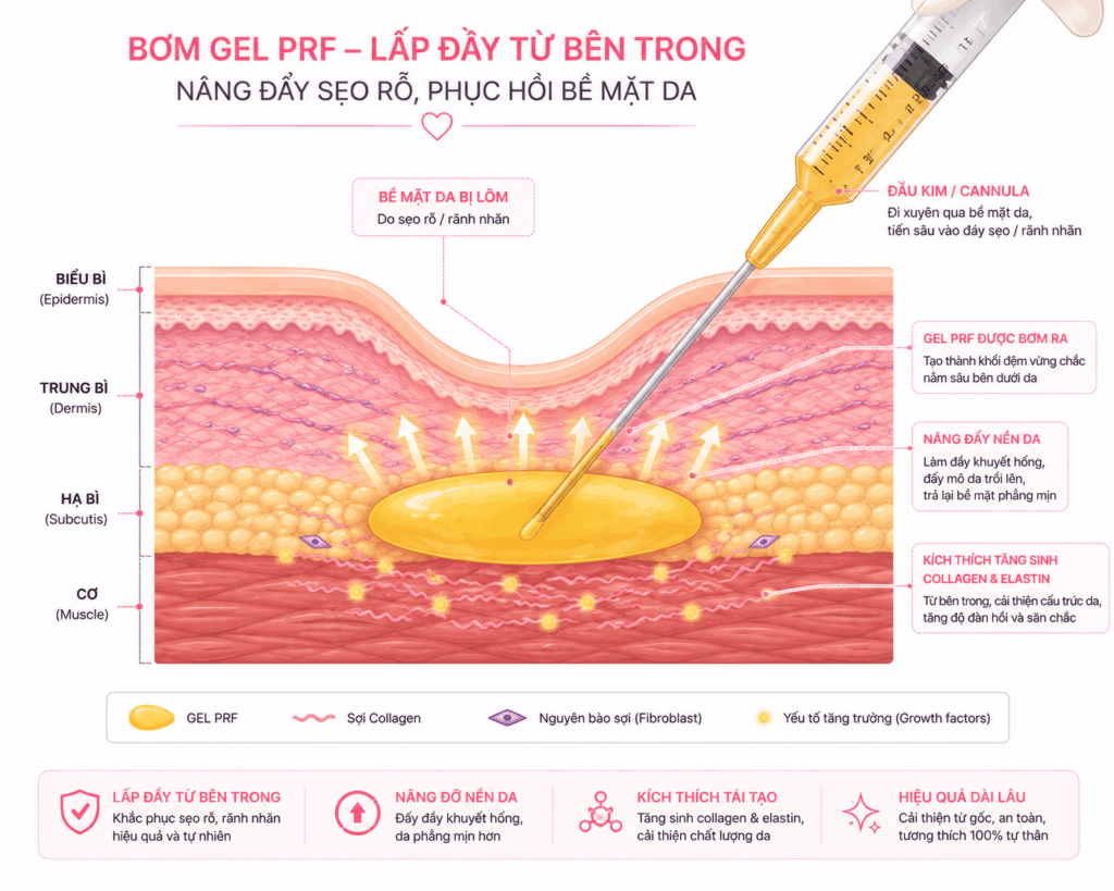 PRF Là Gì? Đột Phá Sợi Huyết Trẻ Hóa Da Tự Thân | SBC 5 Bio-filler PRF được tiêm trực tiếp vào sâu lớp trung bì, tạo thành khối nâng đỡ vững chắc từ bên trong để lấp đầy rãnh nhăn và sẹo rỗ.