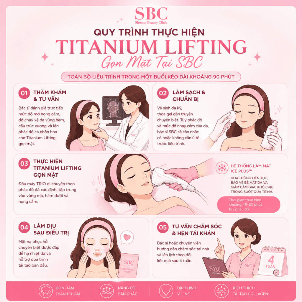 Sơ đồ quy trình 5 bước thực hiện nâng cơ gọn mặt Titanium Lifting tại SBC