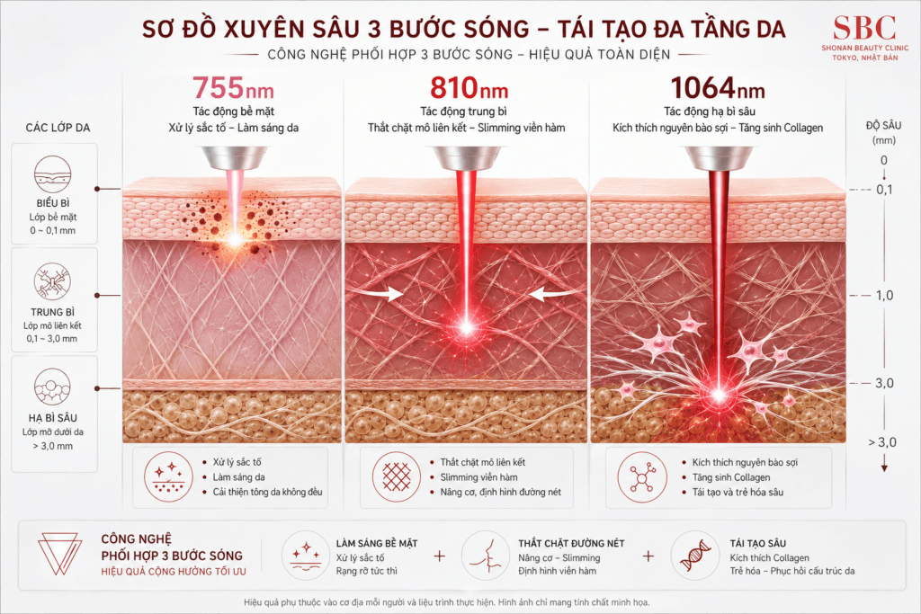 Sơ đồ kỹ thuật 3 bước sóng laser 755nm 810nm 1064nm Titanium Lifting gọn mặt tại SBC
