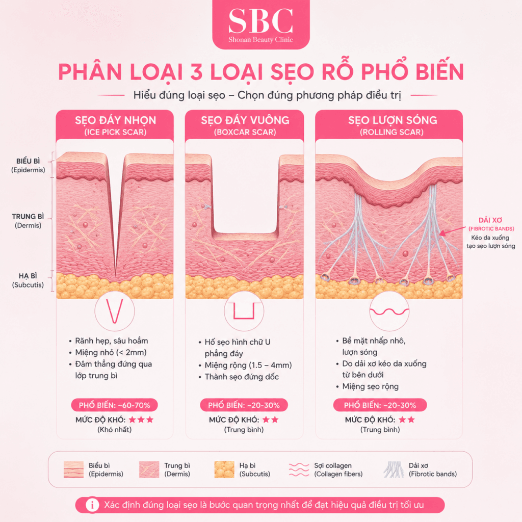 Các Phương Pháp Điều Trị Sẹo Rỗ Chuẩn Y Khoa Hiệu Quả 2 Sơ đồ minh họa cấu trúc tổn thương của 3 dáng sẹo rỗ phổ biến.
