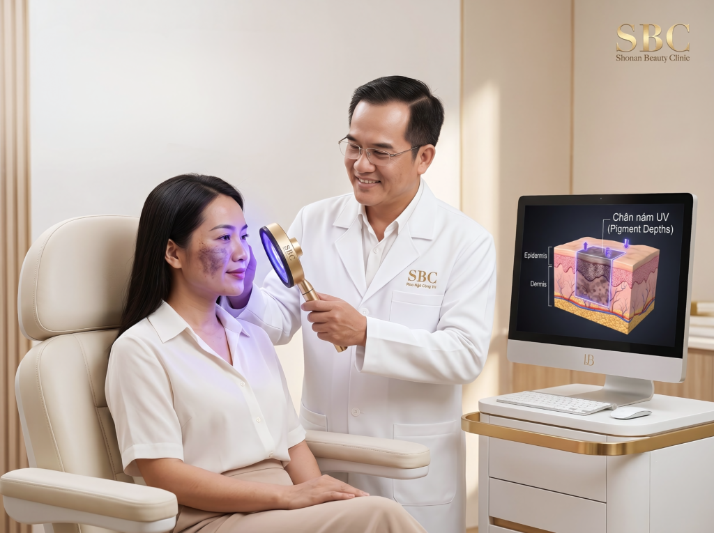 Bác sĩ chuyên khoa tại SBC trực tiếp soi da và phân tích độ sâu của chân nám trước khi lên phác đồ Pico Laser