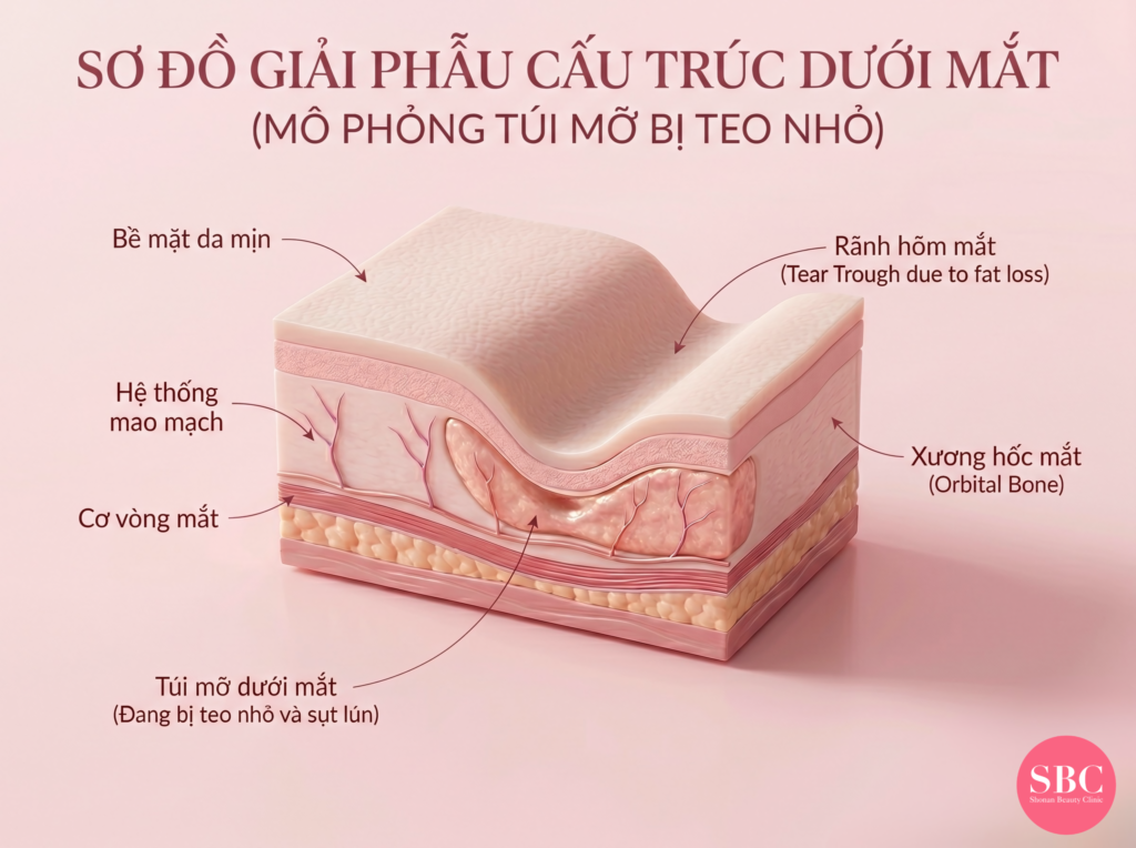 Sơ đồ giải phẫu y khoa: Làn da quanh mắt mỏng gấp 5 lần da mặt kết hợp với hiện tượng teo tiêu mô mỡ là nguyên nhân gốc rễ gây ra hõm mắt.