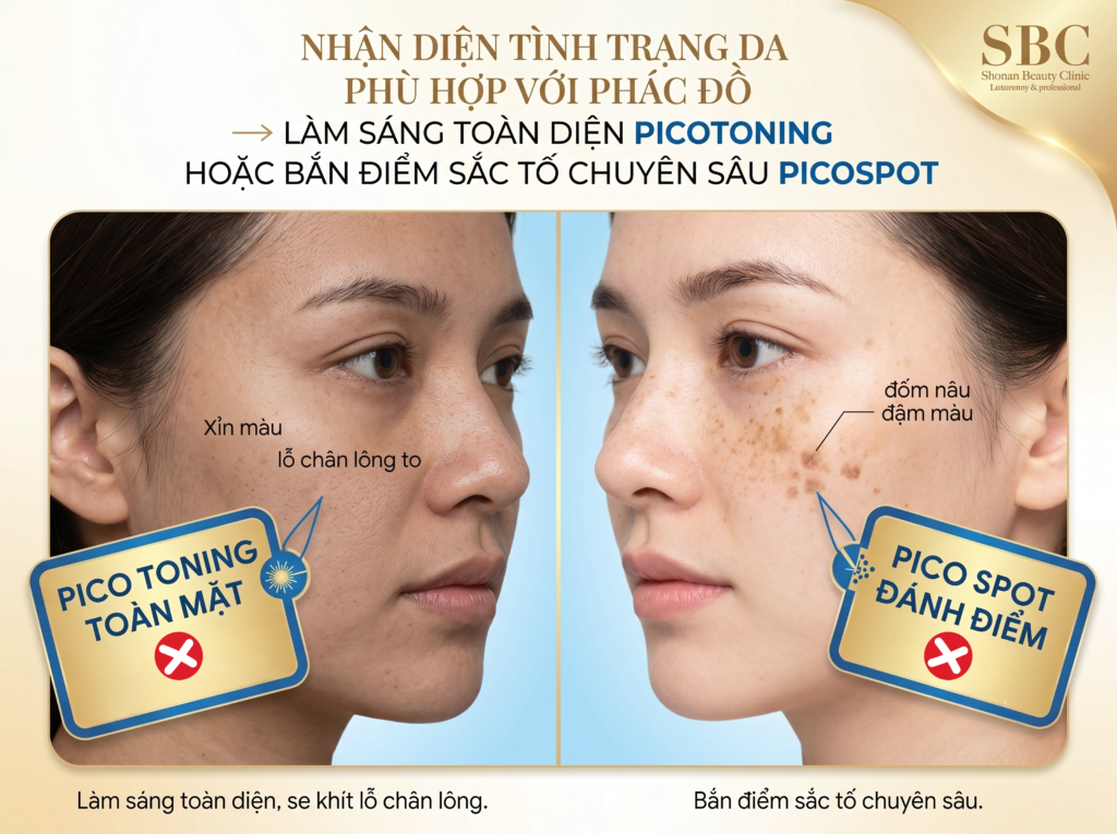 Nhận diện tình trạng da phù hợp với phác đồ làm sáng toàn diện PicoToning hoặc bắn điểm sắc tố chuyên sâu PicoSpot