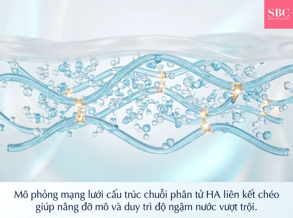Tiêm Filler Khuôn Mặt – Chỉnh Hình Tự Nhiên, An Toàn Tại SBC 2 Mô phỏng mạng lưới cấu trúc chuỗi phân tử HA liên kết chéo giúp nâng đỡ mô và duy trì độ ngậm nước vượt trội.