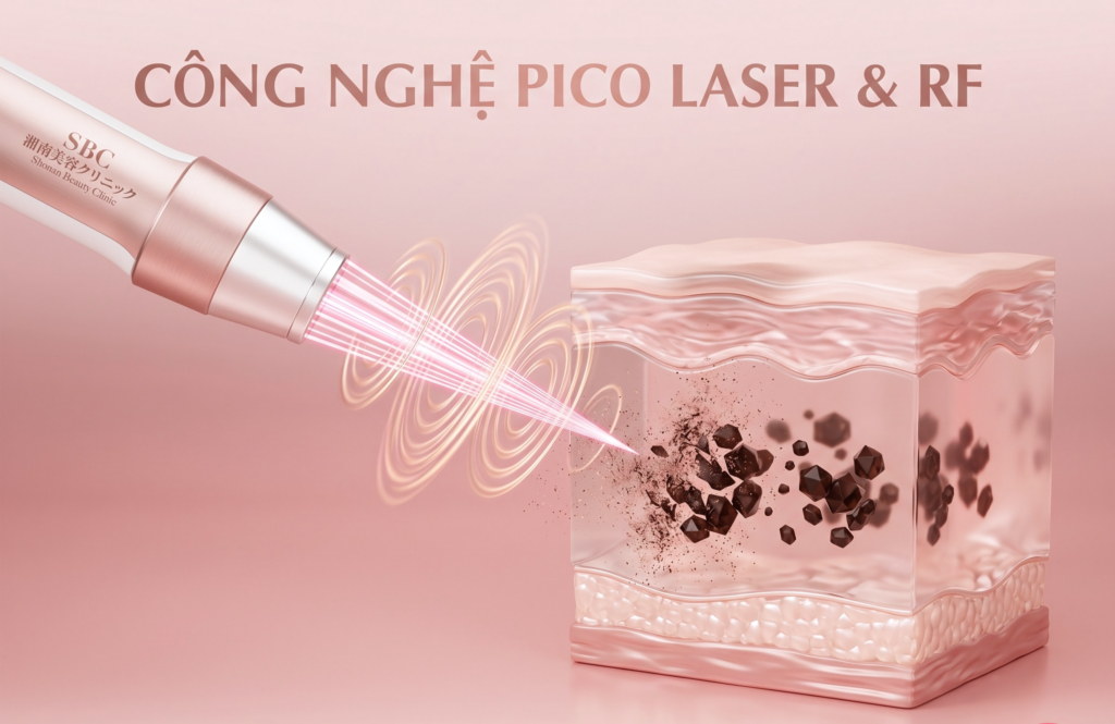 Mô phỏng công nghệ: Năng lượng xung cực ngắn từ Pico Laser và sóng RF tác động trúng đích để phân rã sắc tố sâu dưới da.