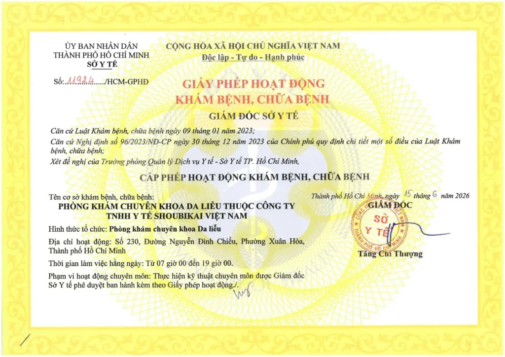 Giấy phép hoạt động khám bệnh, chữa bệnh phong khám Chuyên khoa da liễu.