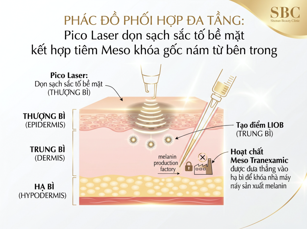 Phác đồ phối hợp đa tầng: Pico Laser dọn sạch sắc tố bề mặt kết hợp tiêm Meso khóa gốc nám từ bên trong