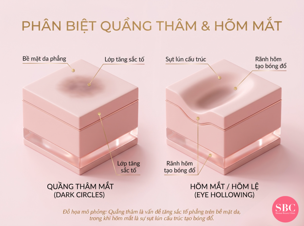 Đồ họa mô phỏng: Quầng thâm là vấn đề tăng sắc tố phẳng trên bề mặt da, trong khi quầng thâm hõm dưới mắt là sự sụt lún cấu trúc tạo bóng đổ.