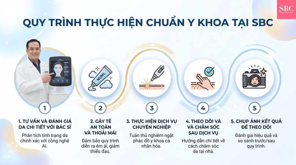  Sơ đồ infographic mô tả quy trình 5 bước căng chỉ chuẩn y khoa tại SBC, từ tư vấn, gây tê, thực hiện, theo dõi đến chụp ảnh kết quả.