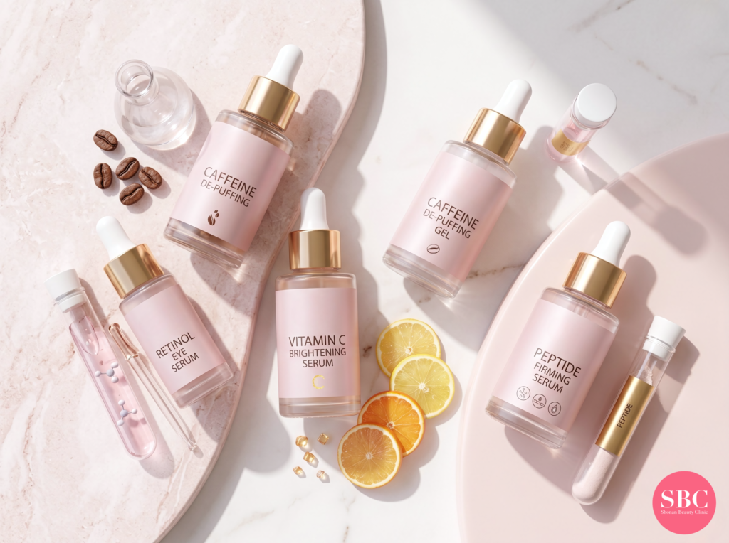 Các hoạt chất có chứng minh lâm sàng (Retinol, Vitamin C, Caffeine, Peptide) giúp cải thiện chất lượng bề mặt da mắt.