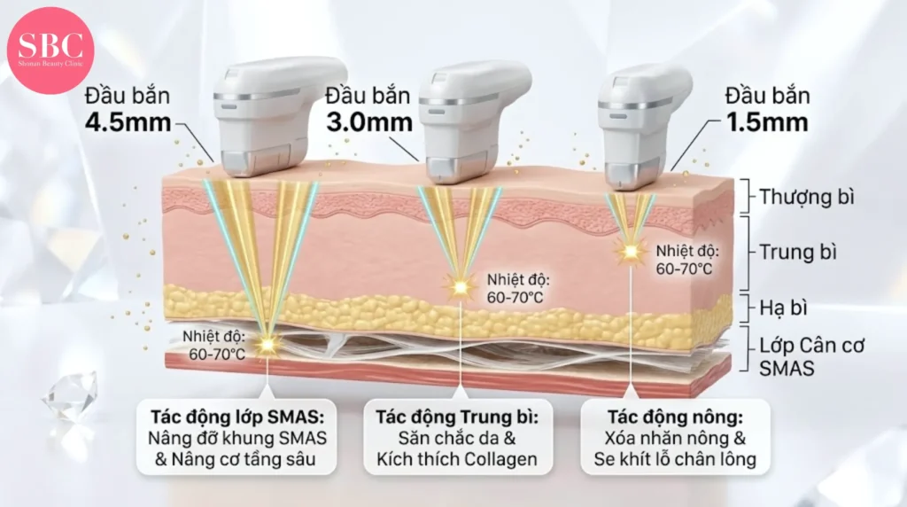 HIFU Và RF Khác Nhau Thế Nào? Chọn Đúng Công Nghệ Nâng Cơ 2 Infographic minh hoạ: Sơ đồ cơ chế HIFU tác động đa tầng.