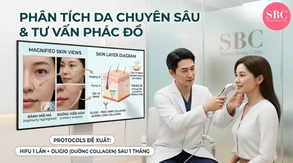 HIFU Và RF Khác Nhau Thế Nào? Chọn Đúng Công Nghệ Nâng Cơ 5 Ảnh minh hoạ: Bác sĩ thăm khám và soi da cho khách hàng trước khi điều trị.