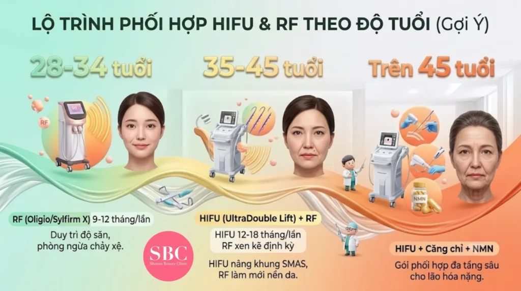HIFU Và RF Khác Nhau Thế Nào? Chọn Đúng Công Nghệ Nâng Cơ 4 Ảnh minh hoạ: Sơ đồ Infographic gợi ý theo độ tuổi.
