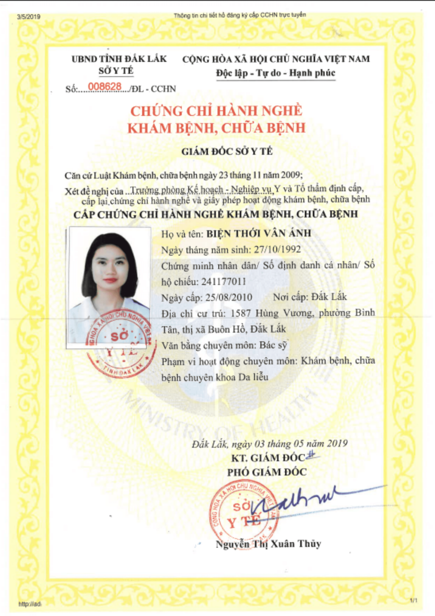 Bác sĩ Biện Thới Vân Ánh - Bác sĩ Da liễu CKI tại Viện thẩm mỹ SBC 4 Chứng chỉ hành nghề khám bệnh, chữa bệnh chuyên khoa Da liễu của Bác sĩ CKI Biện Thới Vân Ánh.